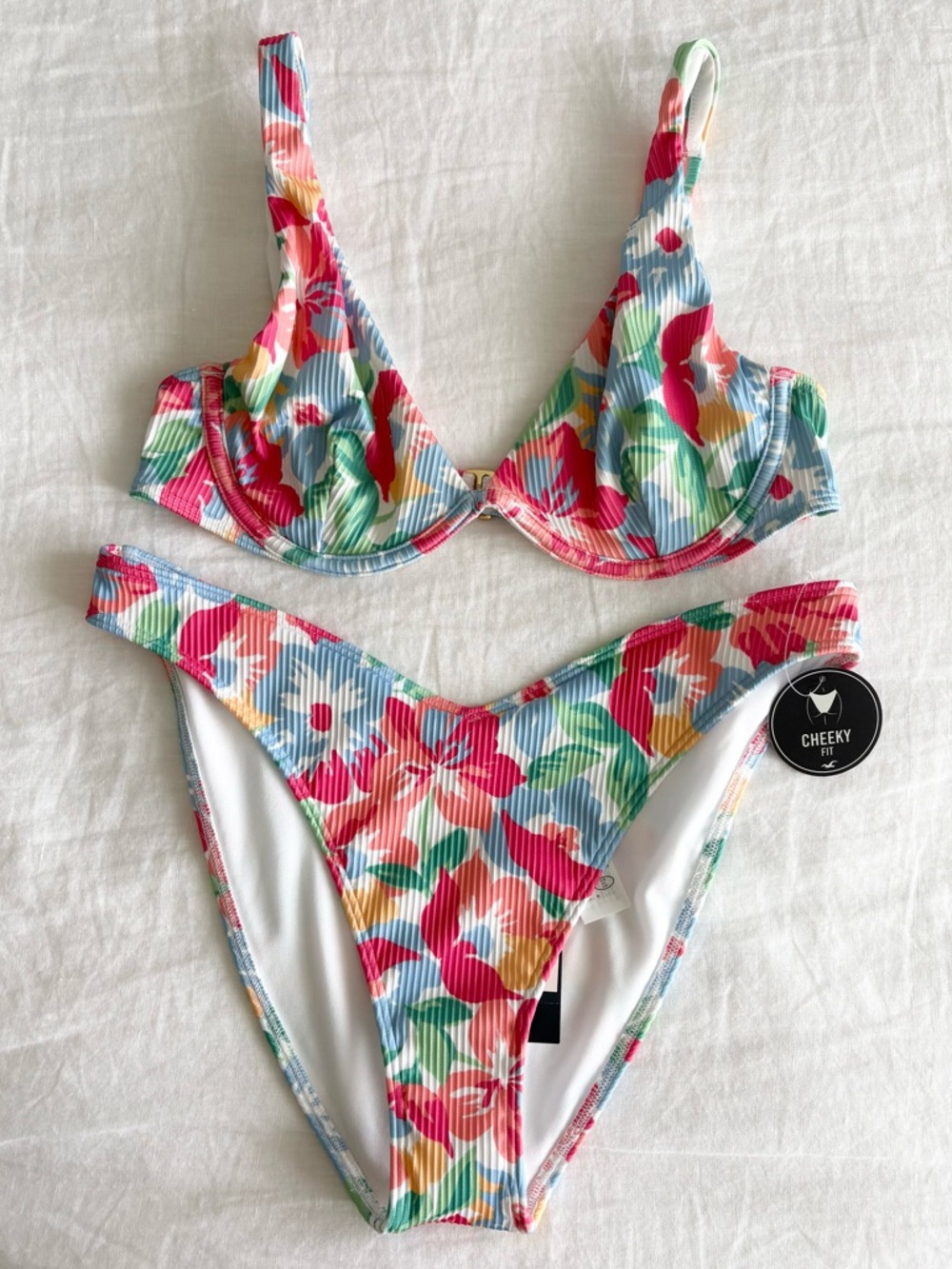 Hollister Floral Ribbed Bikini Set in Pink, Blue, Green, Yellow